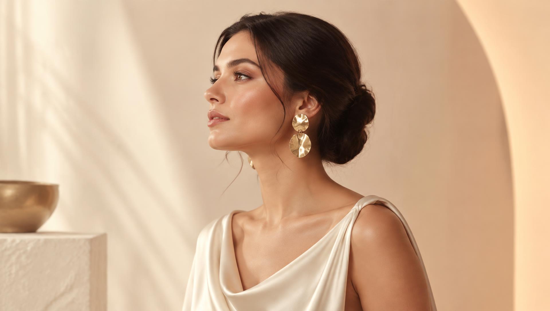 Modelo con aretes de oro laminado 18K