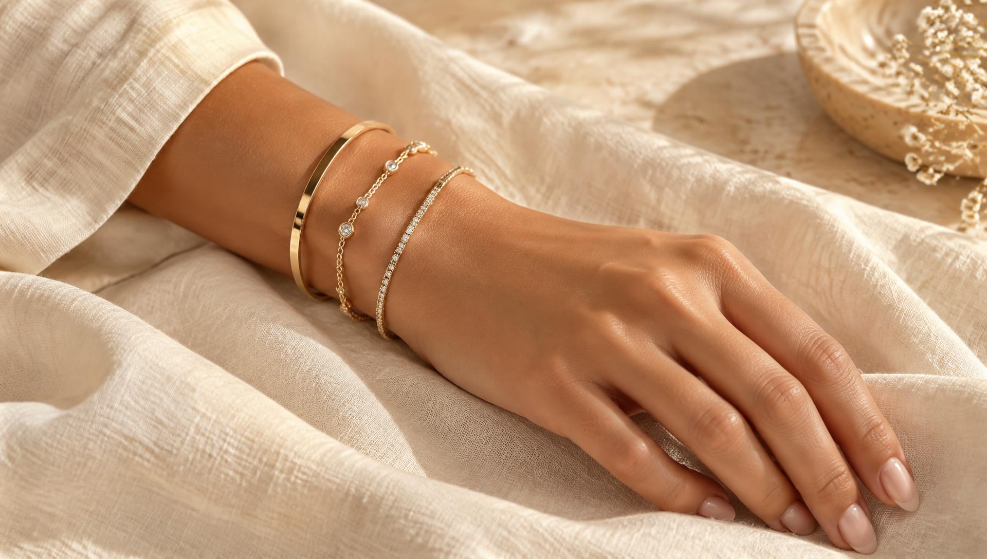 Pulseras de oro laminado 18K en la muñeca de una modelo